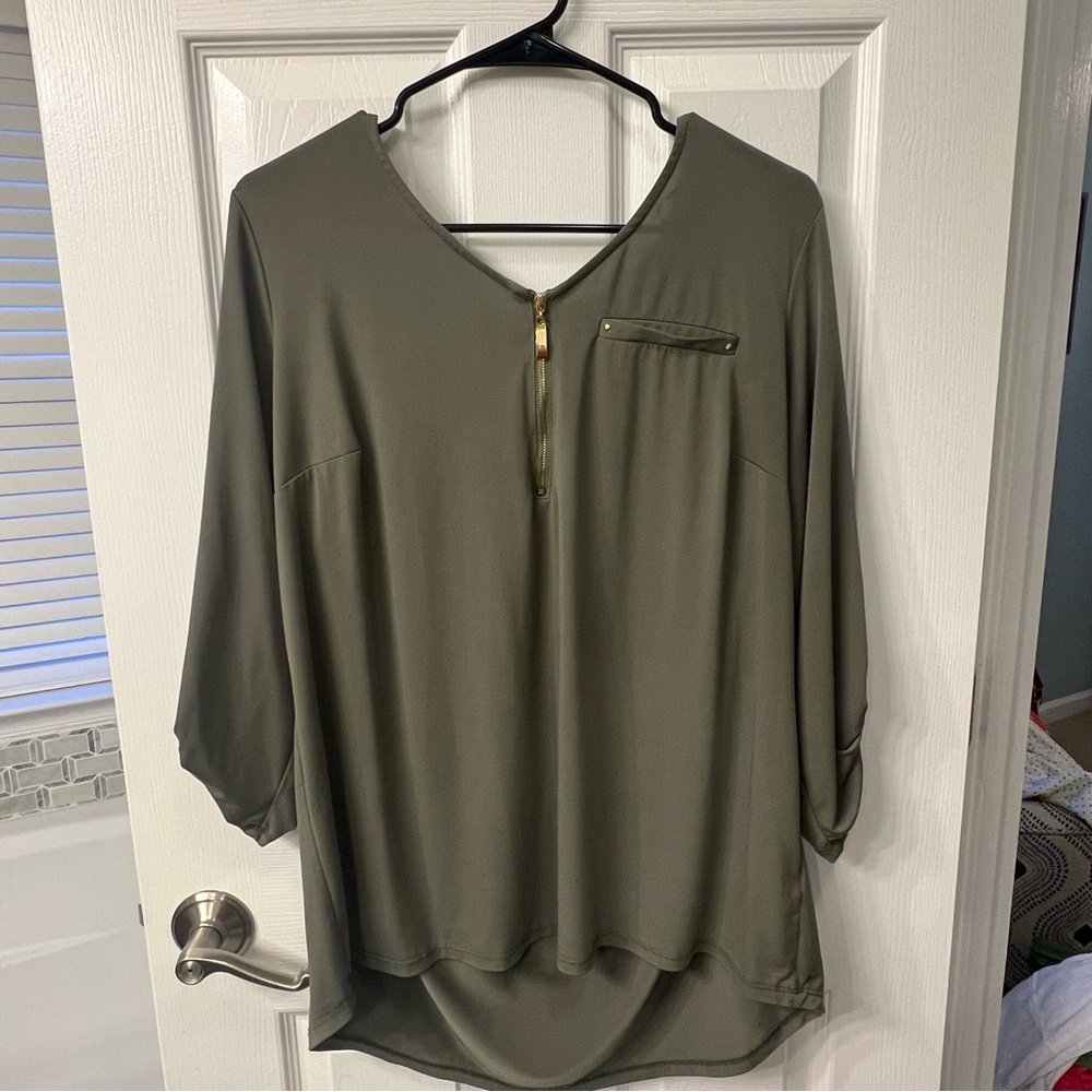 Roz & Ali Olive Blouse with Gold Zipper